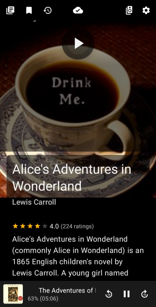 Book details for Alice in Wonderland with large play button