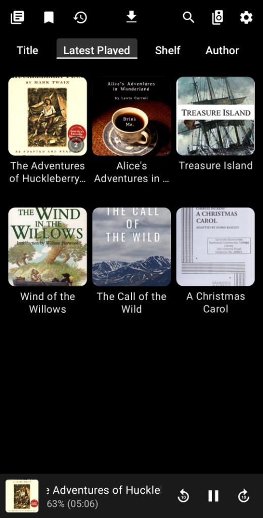 Browse tab Latest Played showing a grid of book covers