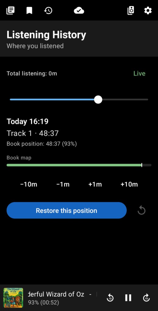 Listening History with restore position button